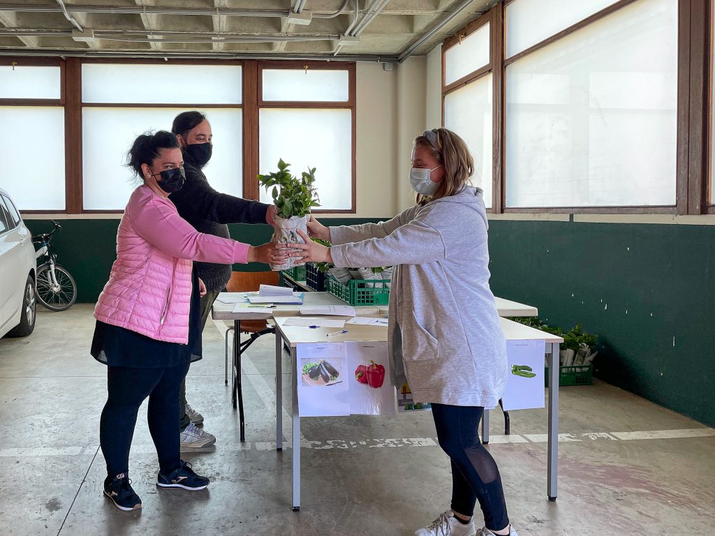 Los concejales Isabel Herrera Landeras y Cristian Olmo Salas durante el reparto de las plantas de pimiento y berenjena