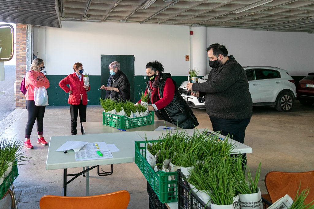 Los concejales Isabel Herrera Landeras y Cristian Olmo Salas durante el reparto de las plantas de pimiento y berenjena