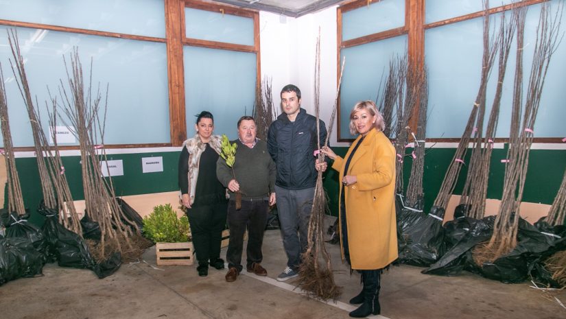 La alcaldesa y los concejales durante la entrega de los árboles a un vecino