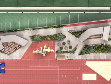 Diseño propuesto para los distintos elementos que compondrán la nueva zona de ocio con cafetería junto al pabellón de Requejada