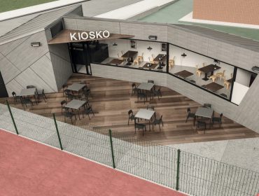 Recreación del diseño del módulo kiosko-cafetería con terraza que se ubica en la zona de ocio deportivo de Requejada