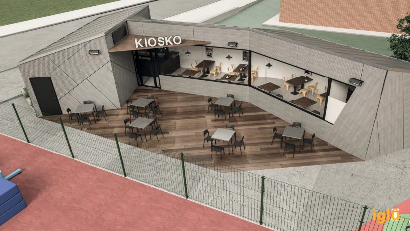 Recreación del diseño del módulo kiosko-cafetería con terraza que se ubica en la zona de ocio deportivo de Requejada