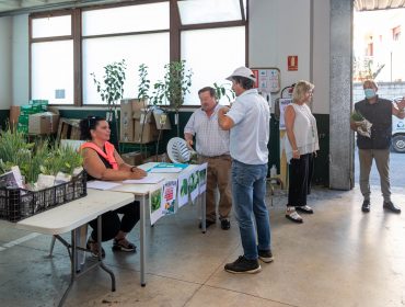 La alcaldesa de Polanco, Rosa Díaz Fernández, y los concejales Isabel Herrera y Fernando Sañudo durante el reparto de las plantas de pimiento y berenjena