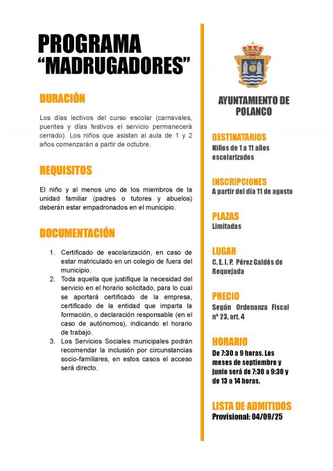 Cartel programa Madrugadores curso 2025 - 2026