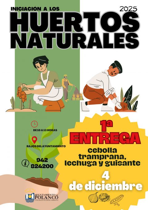 Cartel primera entrega Huertos naturales, cebolla temprana, lechuga y guisantes
