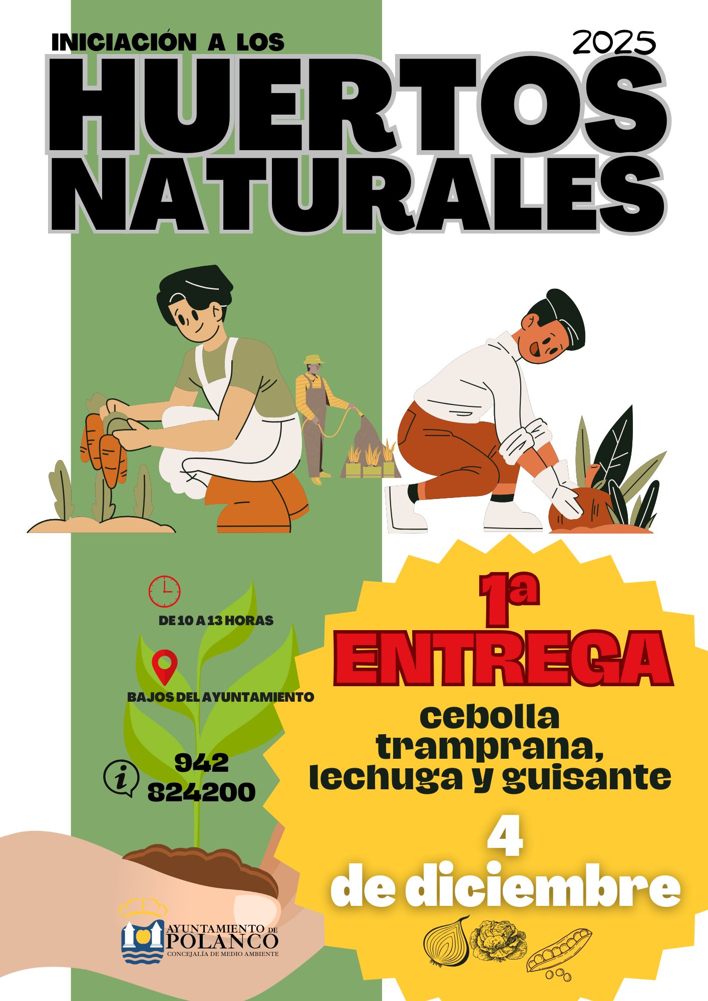 Cartel primera entrega Huertos naturales, cebolla temprana, lechuga y guisantes