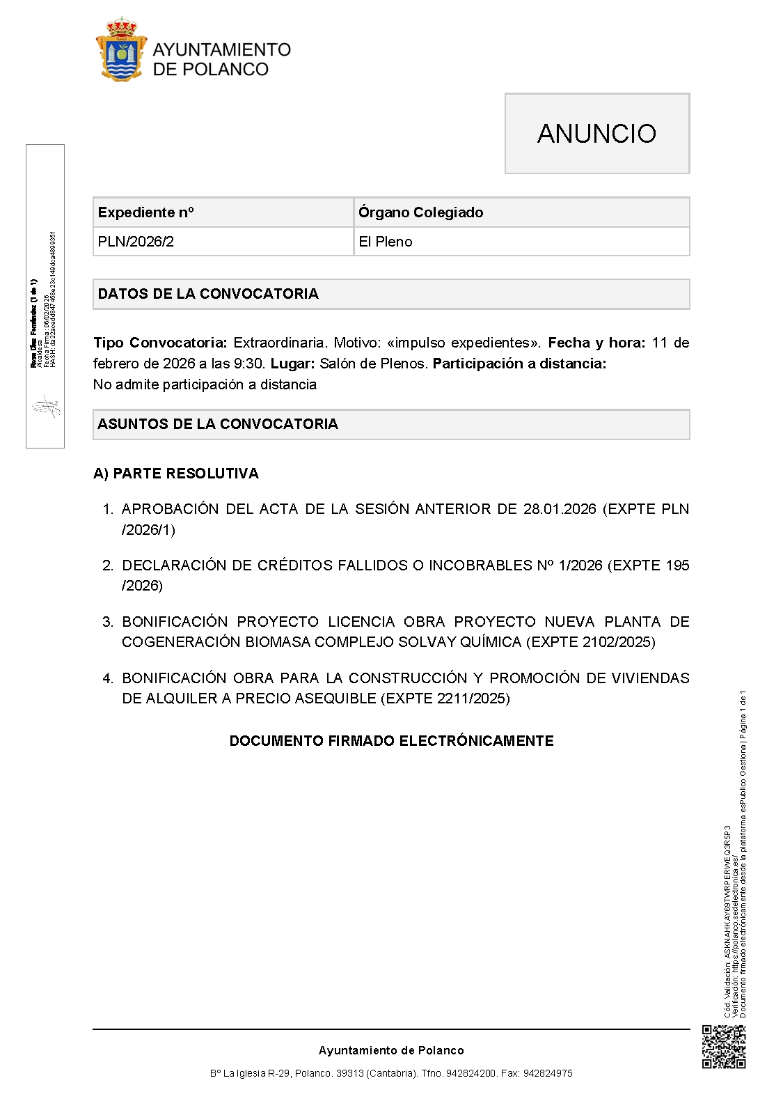 Anuncio Pleno Extraordinario de 11 de febrero de 2026
