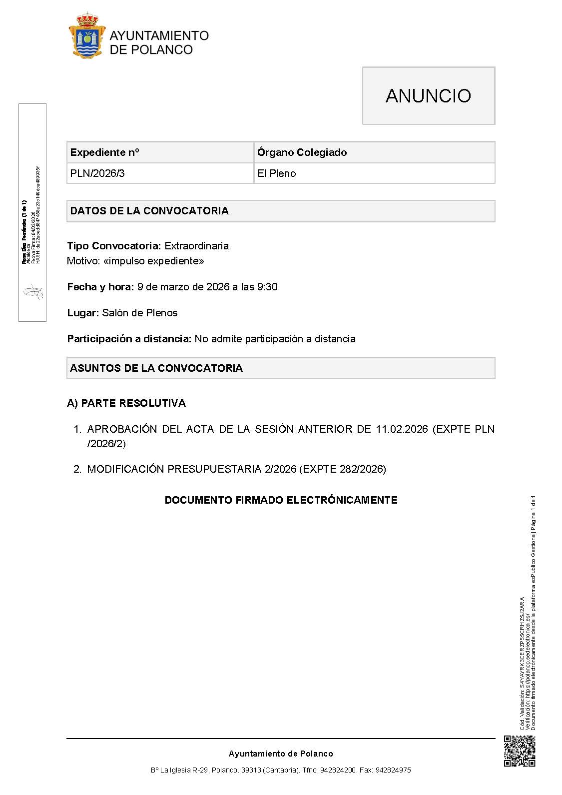 Anuncio Pleno extraordinario de 9 de marzo de 2026 a las 9:30 horas