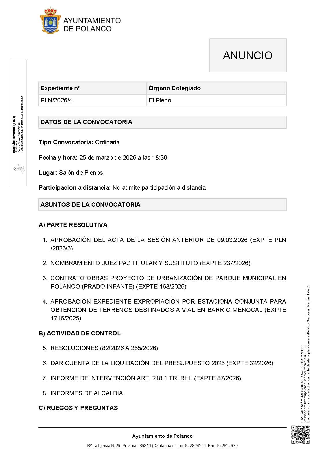 Anuncio Pleno Ordinario de 25/03/2026