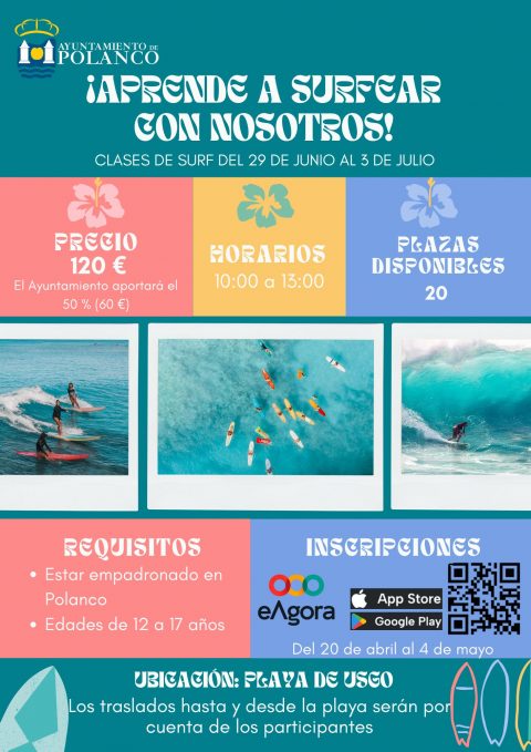 Cartel clases de surf del 29 de junio al 3 de julio