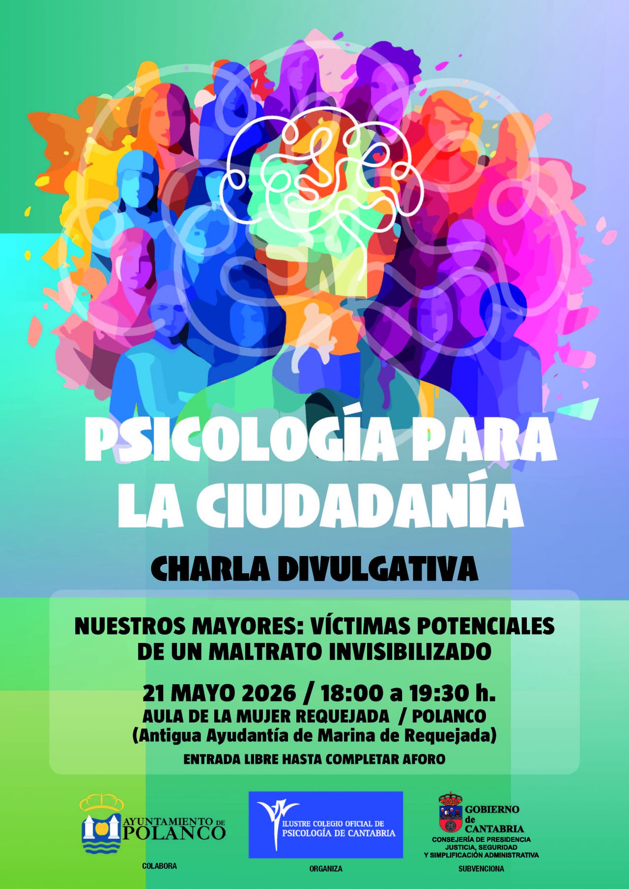 Cartel charla psicología para la ciudadanía (mayores) 21/05/26 de 18 a 19:30