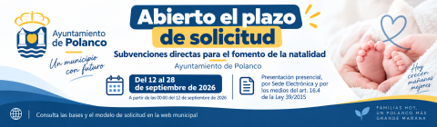 Cartel informativo del Ayuntamiento de Polanco sobre las subvenciones directas para el fomento de la natalidad. El plazo de solicitud está abierto del 12 al 28 de septiembre de 2026.